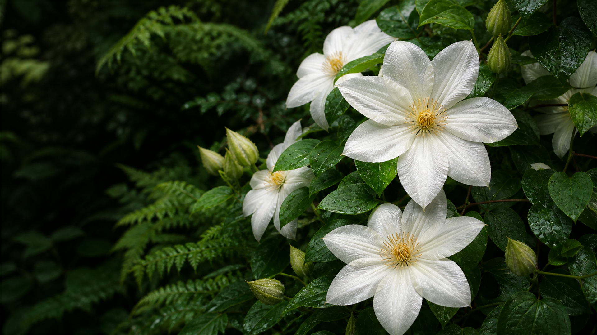White clematis in flower against deep green foliage